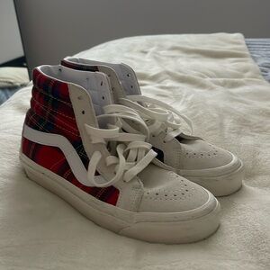 White & Red Plaid, Vans Sk8- his, women’s size 7, men’s size 5.5